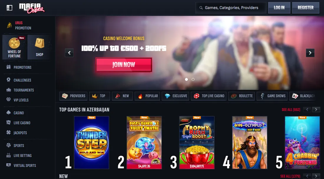 Homepage di Mafia Casino, bookmaker non AAMS, a settembre 2026