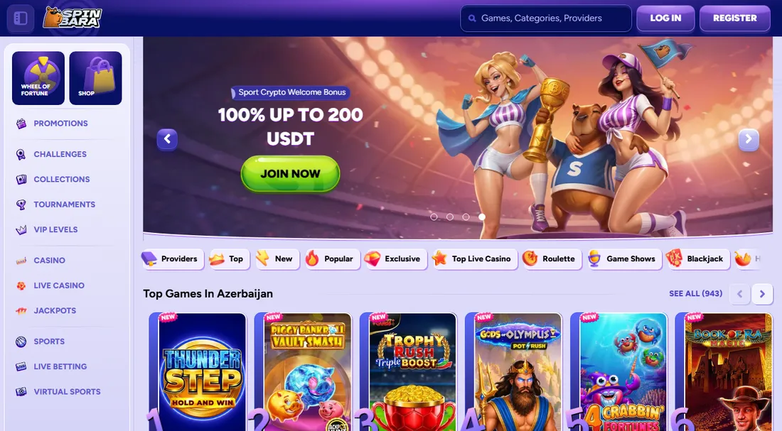 Homepage di Spinbara, bookmaker non AAMS, a settembre 2026